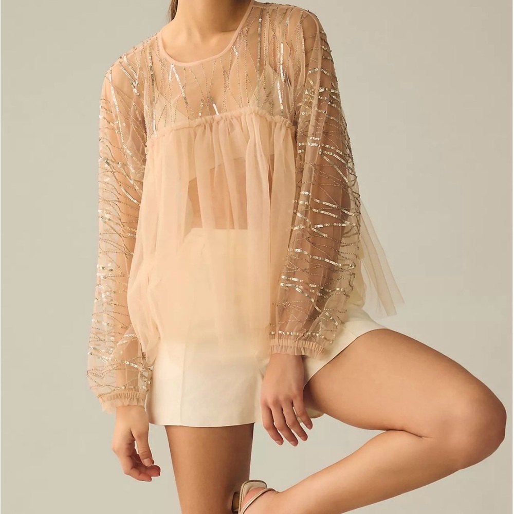 Sheer Embellished Peach Blouse with Tulle Overlay